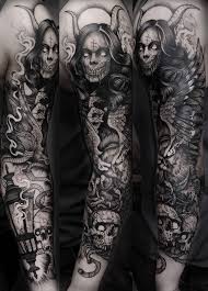 Black And White Sleeve Tattoo Women Three Photos Side By Side Woman Skull Horns Sleeve Tattoos Black White In 2020 Full Sleeve Tattoos Skull Sleeve Tattoos Skull Sleeve