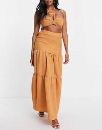 Bolivia Embajadashops Luxe Co Ord Textured Bralet Tiered Maxi Skirt In Burnt Orange Bolivia Embajadashops Nike Lunarswift 2 Youth Basketball Shoes Girls