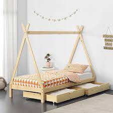 Kinderbetten online kaufen möbel 24 mehr als 31 anbieter vergleichen riesenauswahl von über 10811 kinderbetten 7228 kostenlos lieferbar. Kinderbett Mit 2 Schubladen 90x200cm Tipi Indianer Bett Natur Holz Hausbett En Casa Mytoys