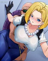 jrpulse, android 18, muten roushi, dragon ball, dragonball z, highres,  1boy, 1girl, bald, bald male, blonde hair, blue eyes, blush, breasts,  collarbone, covered erect nipples, denim, gloves, grabbing from behind,  jeans, jewelry,