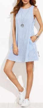 Summer Outfits Halter Light Blue Striped Short Dress White Sneakers Sleeveless Shift Dress Short Dress White Fashion