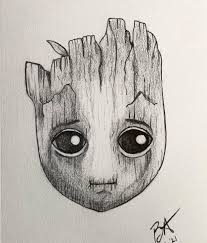 I approached it with mostly graphite pencil and then added in colored pencil for some of rocket's fur, the sight on his gun and groot's moss. Baby Groot Pencil Sketch One Of My Favorite Characters In The Marvel Universe Marvel