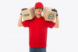 Young Delivery Man Holding Paper Cardboard Box Mockup Yellow Business Card Modern Business Cards Business Card Mock Up