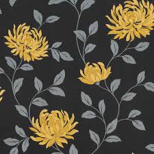 L Amour Motif Floral Wallpaper Yellow Black Floral Wallpaper Victorian Wallpaper Colorful Wallpaper