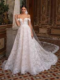 Off The Shoulder Chantilly Lace Deep V Neckline A Line Wedding Dress Kleinfeld Bridal Wedding Dresses Kleinfeld Ball Gowns Wedding Wedding Dresses