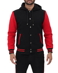 True classic american black & black letterman jacket, made top quality black wool body with black cowhide leather sleeves. Salerno Baseball Hooded Red And Black Varsity Jacket