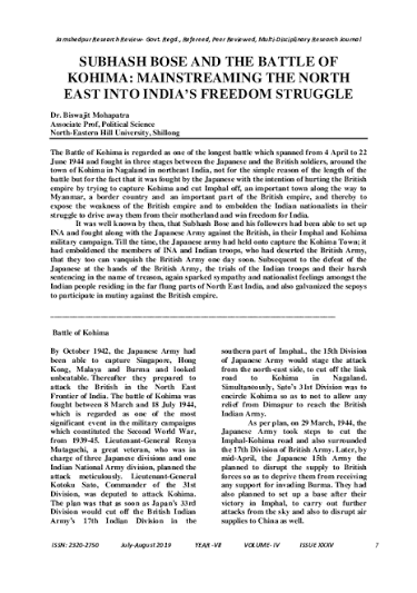 PDF) Subhash Bose and The Battle of Kohima: Mainstreaming the North East into India's Freedom Struggle