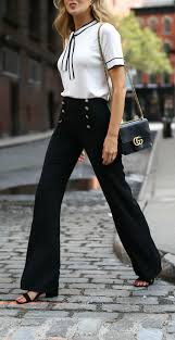 Sailor Vibes White Tie Neck Knit Top With Black Piping Navy Sailor Inspired Button Front Pan Work Outfits Women Business Casual Outfits Summer Work Outfits