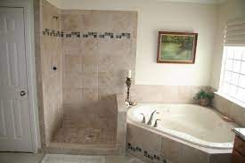Ceramic Tiling With Black Accent For Doorless Shower Space Corner Bathtub Glass Window With Trims And Half Window Shower Stall Shower Tile Modern Shower Tile