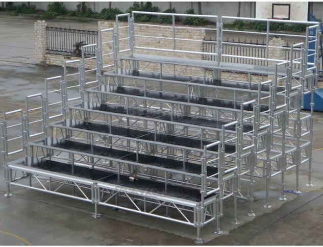 Modular scaffold-frame bleacher seating assembled for a temporary outdoor event