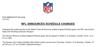 Full schedule for the 2020 season including full list of matchups, dates and time, tv and ticket information. Recently Postponed Nfl Games Send Ripple Effects Throughout Rest Of Season Broadcast Schedule