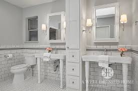 Let your tiles determine the different zones within a bathroom layout. White Subway Tiles With Gray Glass Border Trim Tiles Transitional Bathroom White Subway Tile Bathroom Tile Bathroom White Subway Tiles