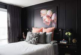 Black Walls Oversized Floral Art And Pink Accessories In A Modern Black Bedroom Reveal Www Crushinteriors Ca Bedroom Interior Interior Design Bedroom Decor