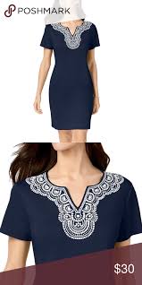 Karen Scott Navy Cotton Puff Print Dress Clothes Design Fashion Fashion Design
