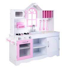 This kids toy kitchen playset crafted of premium solid wood which is sturdy, stable and durable construction. Wood Toy Kitchen Kids Cooking Pretend Play Set Costway