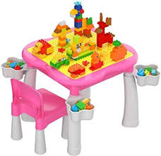 Burgkidz Kids 5 In 1 Multi Activity Table Set 128 Pieces Large Building Blocks Compatible Bricks Toy Play Table Includ In 2020 Activity Table Play Table Block Table