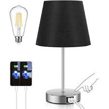 2 x usb ports(5v 2.1a) + 1x ac outlet; Beslowe Touch Control Table Lamp With 2 Usb Ports And Ac Outlet 3 Way Dimmable Modern Bedside Nightstand Lamp With Black Fabric Shade