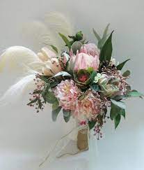 Wedding decorations, wedding bouquets, boutonnieres, centerpieces, floral arrangements, altars, aisles, wreaths, floral. Protea Wedding Bouquet Boho Silk Flower Bouquet Protea Peony Tulip Pampas Grass Succulents Eucalyptus Pink Cream Artificial Flowers