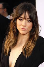 Chloe Bennet Wavy Medium Brown Curved Bangs Ombre Hairstyle Brown Hair Bangs Hair Styles Brown Ombre Hair