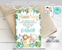 Safari Wild One Favor Tags Instant Editable Safari Favor Tag Safari Favor Tags Jungle Animals Thank You Tags Safari Themed Favor Tag Wild One Birthday Invitations Baptism Thank You Cards 1st