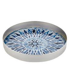 Cemile Yuvarlak Geometrik Bleu Blanc Desenli Tepsi Cosalindo Tepsi Tasarim Luks