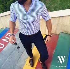 Blue Striped Shirt Navy Chinos Dark Brown Loafers And Matching Belt Formal Mens Fashion Mens Fashion Suits Mens Outfits