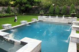 Another View Of The Back Yard Pool This One More Closely Showing The Unique Design Of The Pool With Fountain Swimming Pools Backyard Pool Hot Tub Pool Patio