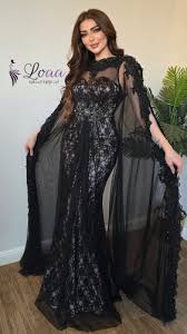فستان سهرة أسود فاخر بكاب شفاف وتطريز ملكي للسهرات والمناسبات - Loaa  Fashion - لؤى فاشن