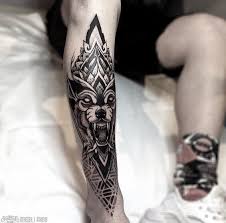 Solid Black Geometric Angry Wolf Shin Tattoo Shin Tattoo Tattoos For Guys Leg Tattoos