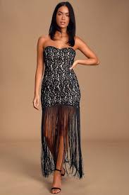 Ain T Misbehavin Black Lace Fringe Strapless Bodycon Maxi Dress Bodycon Maxi Dresses Lace Bodycon Dress Long Sleeve Long Sleeve Bodycon Dress