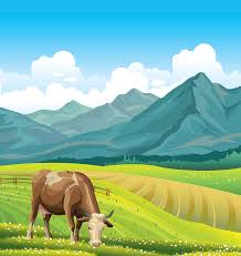 Maybe you would like to learn more about one of these? Cartoon Cow And Rural Meadow With Green Grass On The Mountain Background Natural Landscape Vecto Digital Art By Geek Fineart
