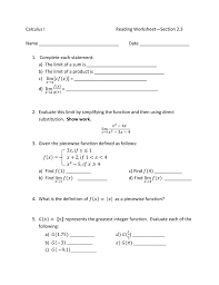 In this worksheet, we will practice using algebraic techniques like factorization to evaluate limits. Solved Calculus L Reading Worksheet Section 2 3 Name Date Chegg Com