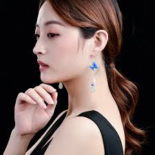925 silver enamel tassel blue butterfly earrings for women Exquisite long  national style natural Hotan jade orchid jewelry