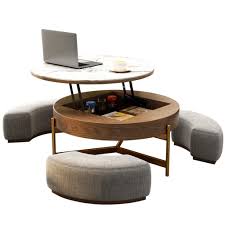 Stacked glass panels float within a plated metal frame, offering display storage in a smoky finish. Creative Round Coffee Table And Liftable Desk Tempered Glass Table Top With 3 Combined Stools For Living Room And Office Buy Online In Botswana At Desertcart 214170803