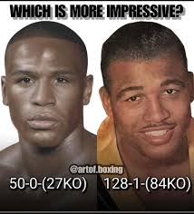Which record is more impressive? At the pinnacle of Sugar Ray Robinson's  career, he had a record of 128-1 with 84 KOs. He avenged that one loss. He  would eventually pick up