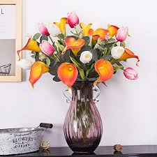 Deep red and purple bridal bouquet. Yiliyajia Calla Lily Artificial Tulips Bouquets Bridal Real Touch Flowers With Silver Dollar Eucalyptus For Wedding Home Table Decoration White Red And Sunset Buy Online In Bahamas At Bahamas Desertcart Com Productid 145664237