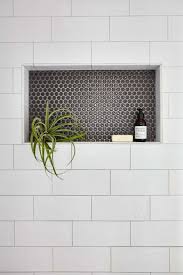 Shower Niche With Large Subway Tile And Penny Tile Shower Niche Bathroom Remodel Master Bathroom Niche