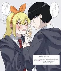 machida (syafu wassyoi), lemon irvine, mash burnedead, mashle, check  translation, highres, partially translated, translation request, 1boy,  1girl, black hair, blonde hair, blush, collared shirt, eye contact, facial  mark, hairband, holding, holding ...