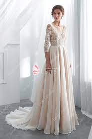 Champagne Beaded Lace Wedding Gown With 3 4 Sleeve Wedding Dresses Wedding Dress Organza Wedding Gowns Lace