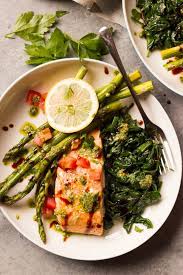 Combine spinach, salmon, asparagus, mushrooms, and carrot in a bowl; Baked Balsamic Salmon With Asparagus Little Broken