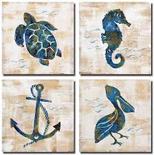 Bring a piece of the beach home. 1 Kingo Canvas Wall Art Marine Life Blue Ocean Theme Sea Animal Mediterranean Style Canvas Wall Decor Anchor Turtle Seahorse Bathroom Wall Art Painting Ready To Hang Buy Online In