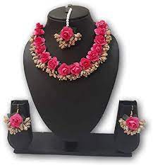Red rose petal and white colors jasmine / mogra flower kli beads 1 mangtika,and 1 pair earrings,1 adjustable golden necklase for bridal full set gota flower jewellery for mehandi,haldi,godbharai,baby shower ,marriage,kitty party ,wedding bride. Buy Vrinda Floral Jewellery Pink And Golden Paper Fabric Flower Jewelry Set For Bride Haldi Baby Shower For Women At Amazon In