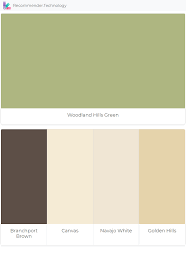 Woodland Hills Green Branchport Brown Canvas Navajo White Golden Hills Perfect Paint Color Paint Color Palettes Paint Colors Benjamin Moore