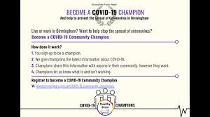 Find information on coronavirus, including guidance, support, announcements and statistics. Keeping Birmingham Safe During Covid 19 Covid 19 Community Champions Birmingham City Council