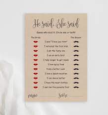 He Said She Said Bridal Shower Game Rustic Printable Wedding Etsy Bridal Shower Games Wedding Shower Games Rustic Bridal Shower Games