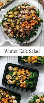 Winter Kale Salad With Sweet Potatoes And Brussels Sprouts Recipe Salad With Sweet Potato Healthy And Unhealthy Food Vegan Meal Plans