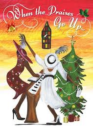 African american female christmas elf holds big candy stick with a bow illustration cartoon. When The Praises Go Up African American Christmas Card Box Set The Black Art Depot