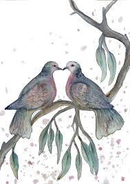 How many hearts can you find around the turtle doves? Two Turtle Doves Watercolour Painting On Paper Leni Kae Art