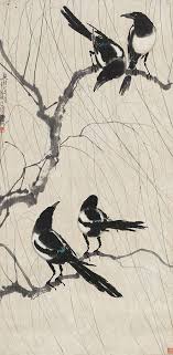 Four Birds On A Branch Tattoo Magpie Painting Four Magpies By Xu Beihong Magpie Art Bird Art Korean Painting