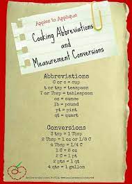 Cooking Abbreviations And Measurement Conversions Free Printable Apples To Applique Family Recipe Book Abbreviations Recipe Book Diy